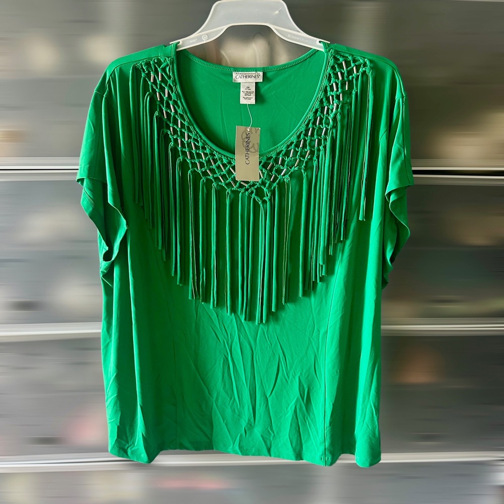 Catherines Green Fringe Macrame Beaded Short Sleeve Top Plus Size 2X NWT